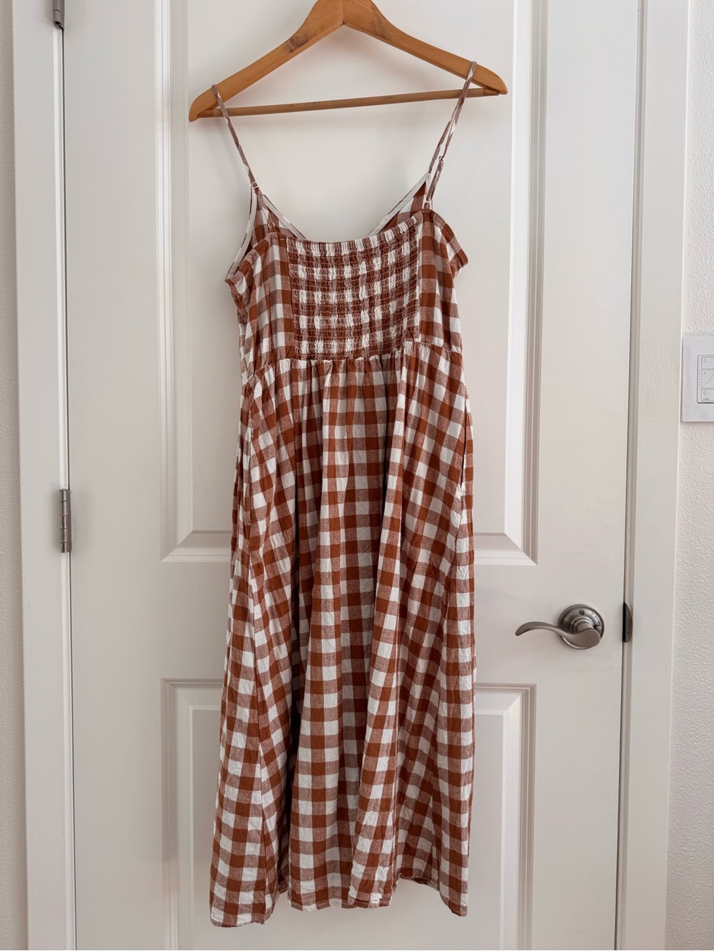 Brown/Rust & White Gingham Midi Dress Cottagcore linen Picnic summer - Picture 2 of 12